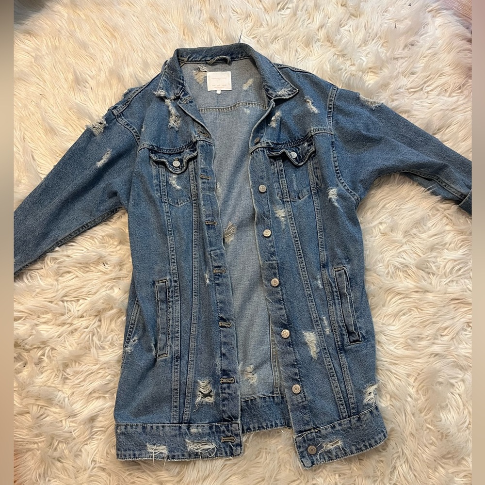 Zara long distressed denim jacket size small